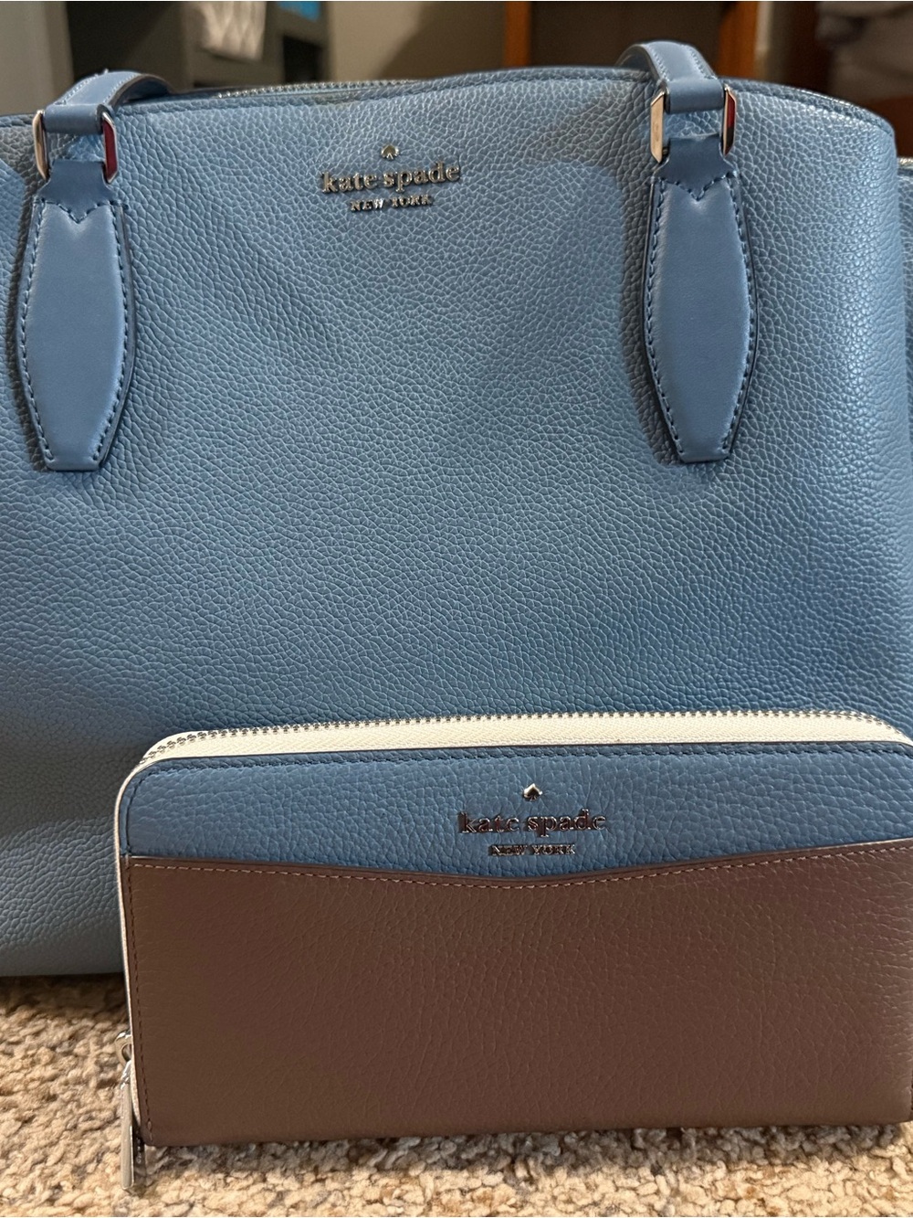 kate spade Blue Tote with Coordinating Blue and Brown Zip Wallet